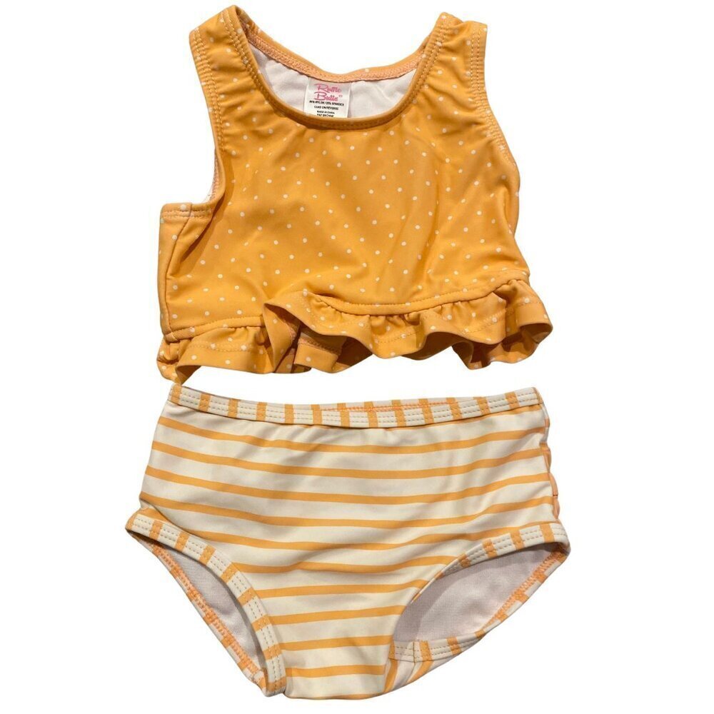 Ruffle Butts Baby Girl's 2 piece Peach and White Swimsuit